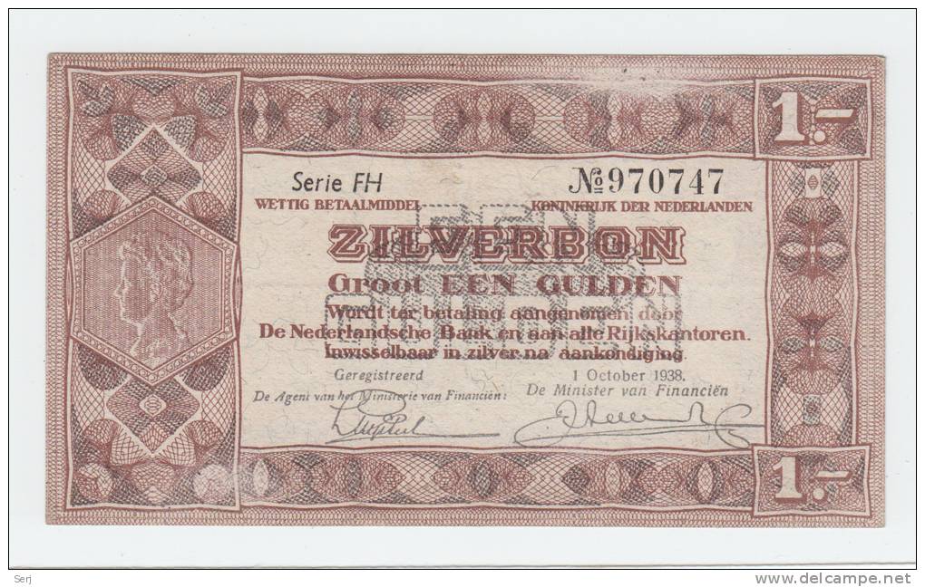 Netherlands 1 Gulden Zilverbon 1938 VF+ CRISP Banknote - 1 Gulden