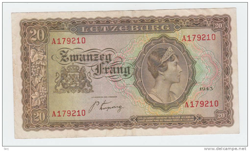 Luxembourg 20 Francs 1943 VF++ Crispy Banknote P 42 - Luxemburg