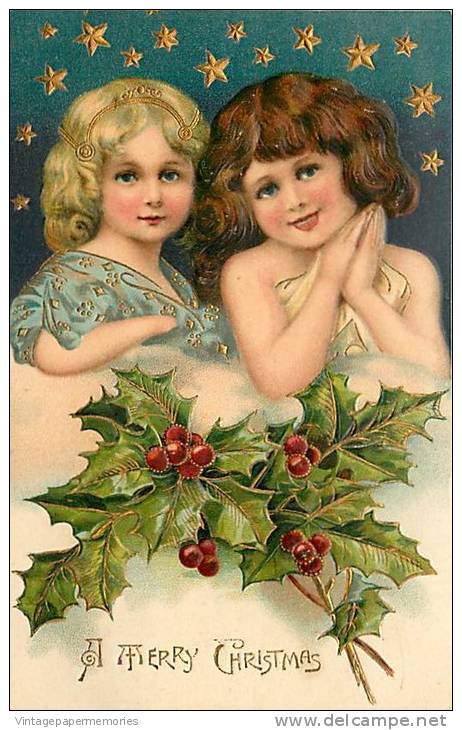 184343-Christmas, PFB No 8060, Two Girls, Stars & Holly, Embossed Litho - Other & Unclassified