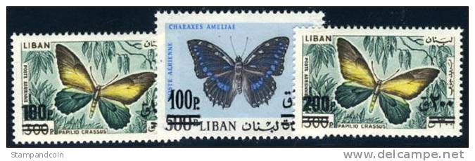 Lebanon C654-56 Mint Never Hinged Surcharged Butterflies Airmail Set From 1972 - Lebanon