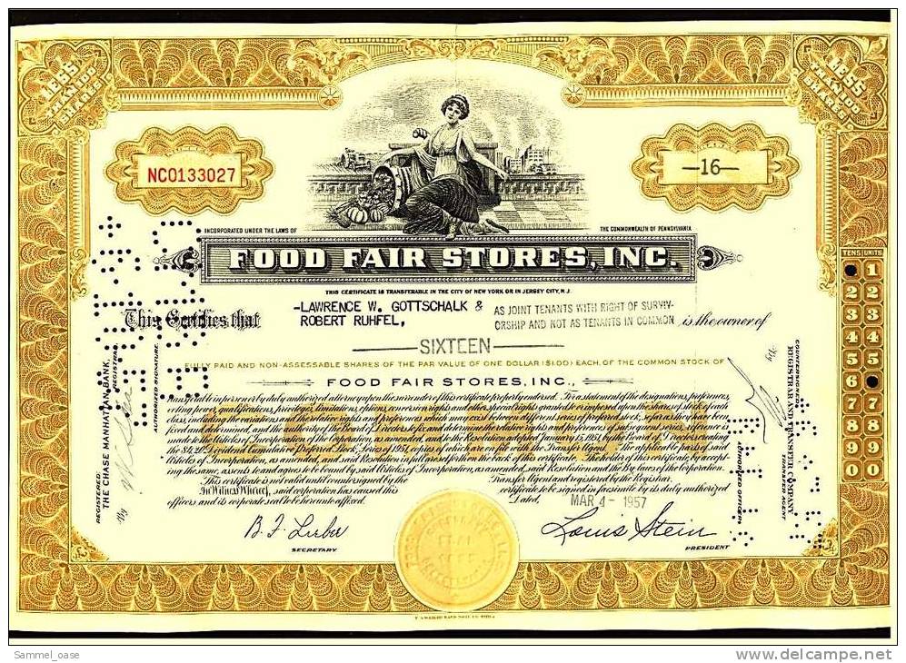 1957  Aktie  Hist. Wertpapier  -  Food Fair Stores , Inc.   -  16 Shares - D - F