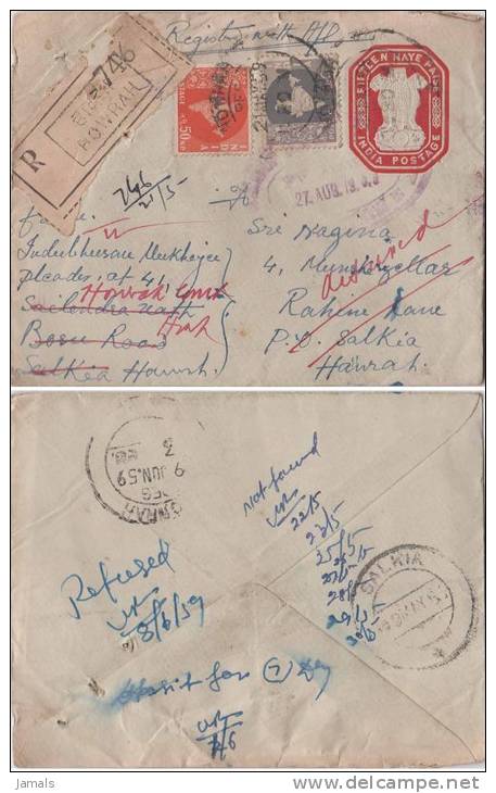 India, Map, Lion Pillar, Registered Postal Stationary Envelope,  As Scan - Covers