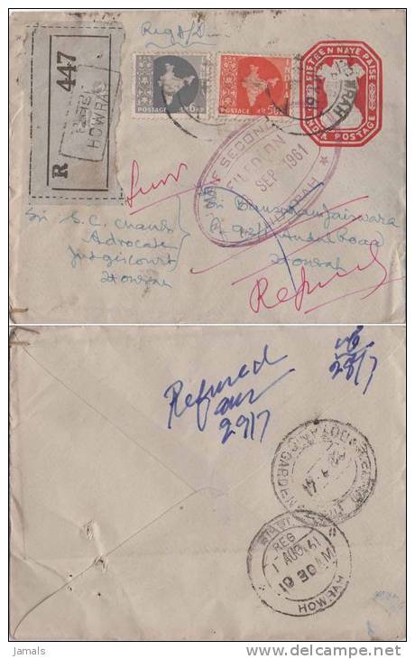 India, Map, Lion Pillar, Registered Postal Stationary Envelope,  As Scan - Covers