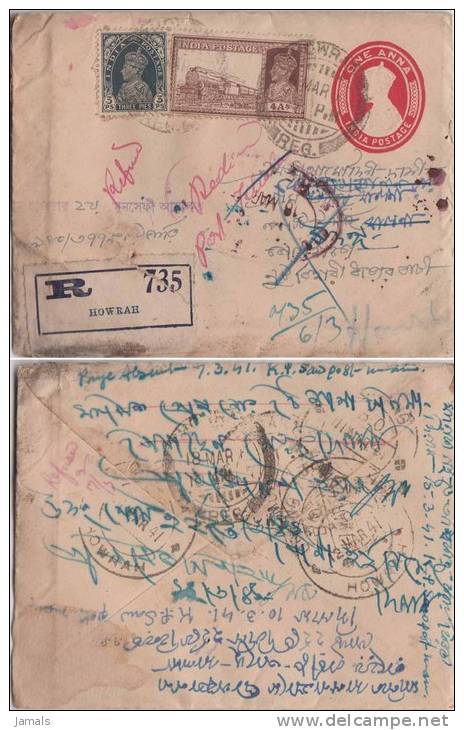 Br India, King George VI, Train, Railway, Locomotive, Registered Postal Stationary Envelope,  As Scan - Enveloppes