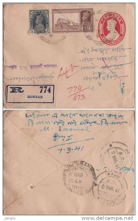 Br India, King George VI, Train, Railway, Locomotive, Registered Postal Stationary Envelope,  As Scan - Enveloppes