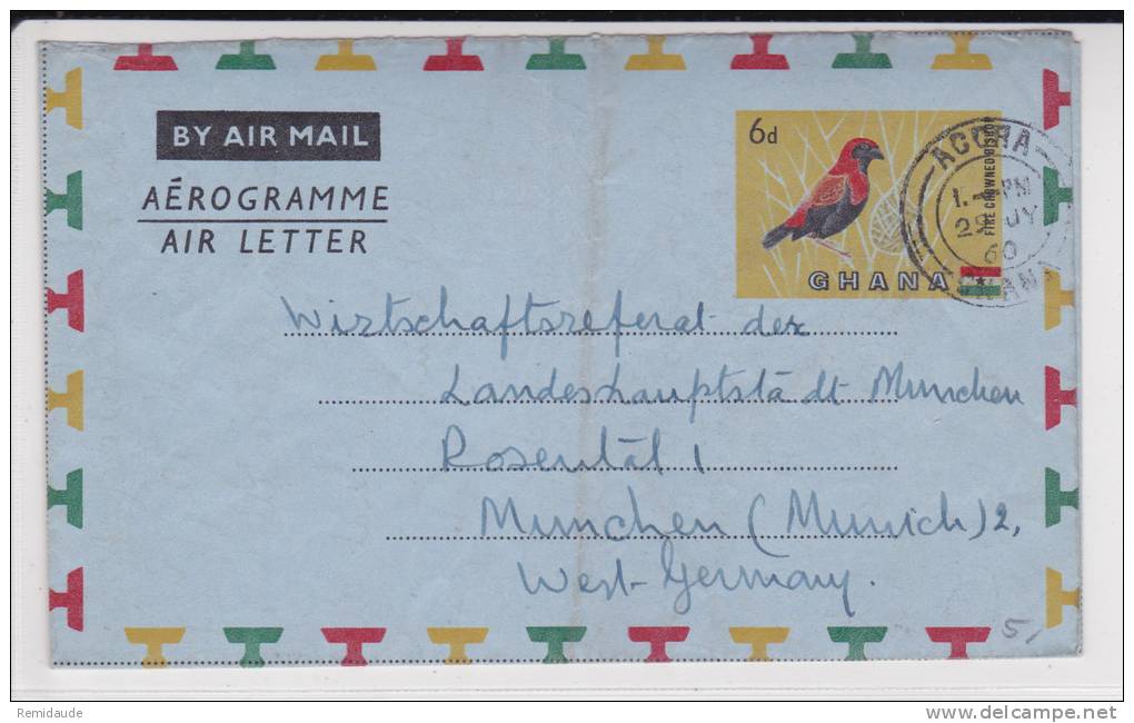 GHANA - 1960 - LETTRE AEROGRAMME De ACCRA Pour MÜNCHEN (GERMANY) - OISEAU - BIRD - Ghana (1957-...)