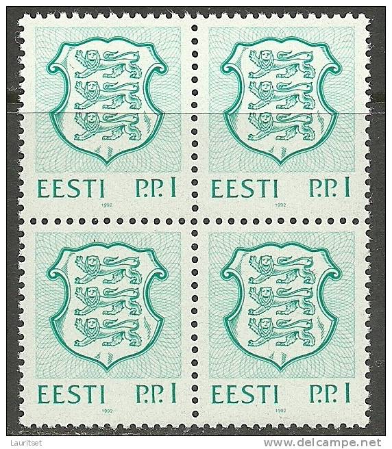ESTLAND Estonia 1992 Coat Of Arms In 4-block MNH - Estland
