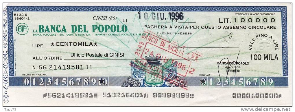 BANCA  DEL POPOLO _ Fino A Lire 100.000 - Assegno Circolare - Andere & Zonder Classificatie