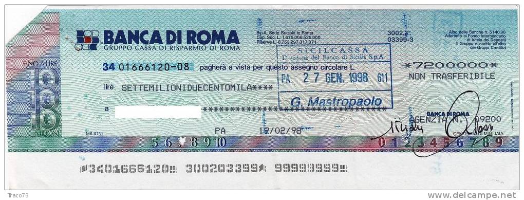 BANCO DI ROMA _ Fino A 10.000.000 Di Lire  - Assegno Circolare - Altri & Non Classificati