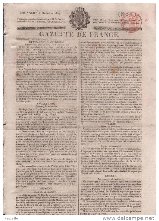 GAZETTE DE FRANCE 05 10 1817 - ESPAGNE - ITALIE - VIENNE - HASTINGS - PROCES EPINGLE NOIRE - MOEURS HABITANTS DE LIMOGES - 1800 - 1849