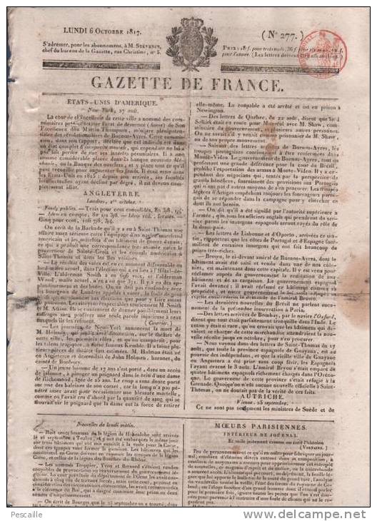 GAZETTE DE FRANCE 06 10 1817 - ANGLETERRE - FABRICATION D'UN JOURNAL - DRESDE - FRANCFORT - SUISSE - ALLEMAGNE - 1800 - 1849