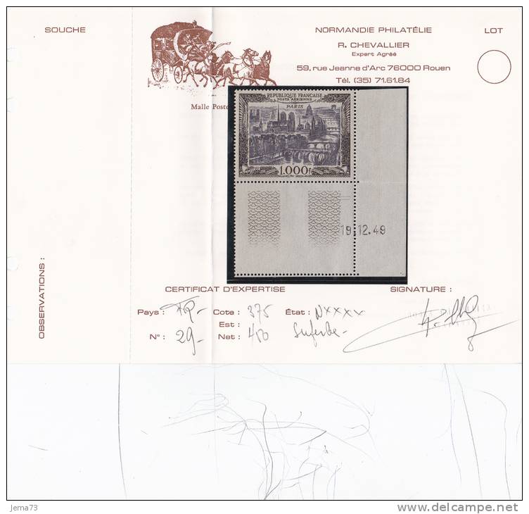 N° 29 Vue De Paris En Coins Datés Du 19/12/49 Expertisé Par R Chevalier Voir Document Scan - Poste Aérienne