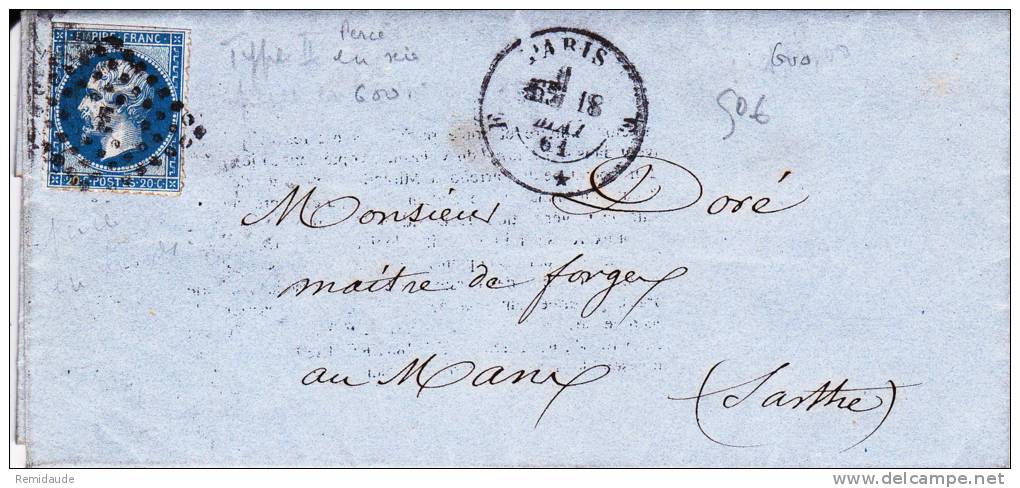 EMPIRE - 1861 - TIMBRE Avec PIQUAGE PRIVE Sur LETTRE De PARIS Pour LE MANS - 1849-1876: Période Classique