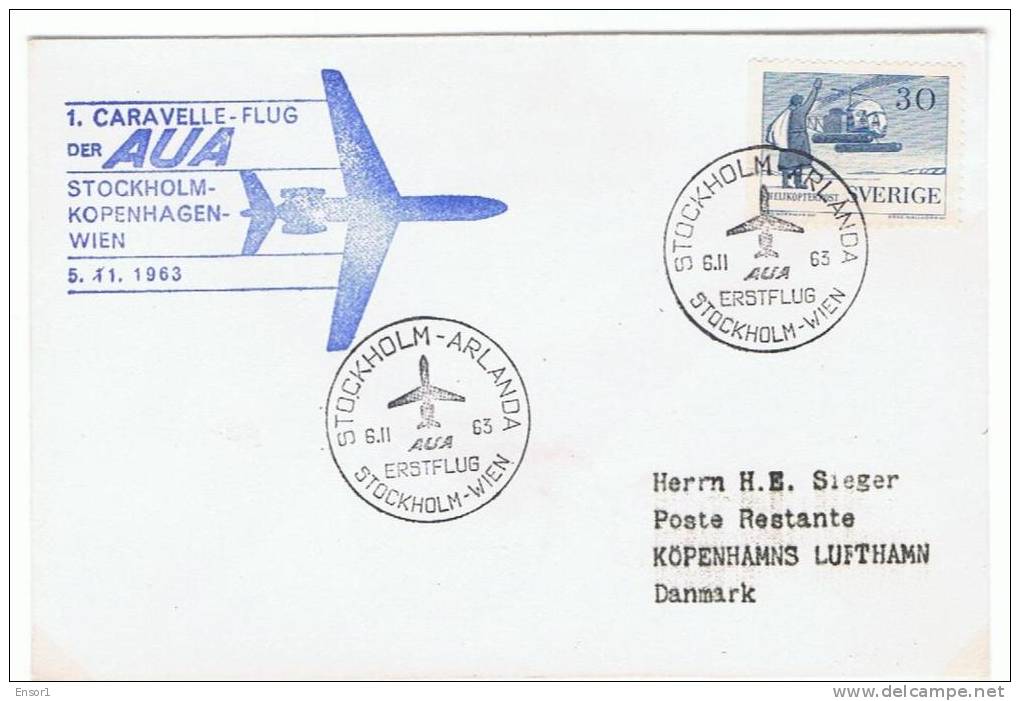 Zweden Erstflug AUA 1963 - Caravelle - Stockholm - Kopenhagen - Lettres & Documents