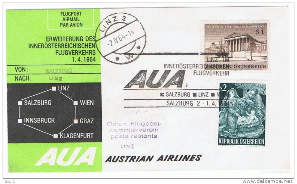 Oostenrijk AUA  Erstflug 1964 - Salzburg - Linz - Premiers Vols