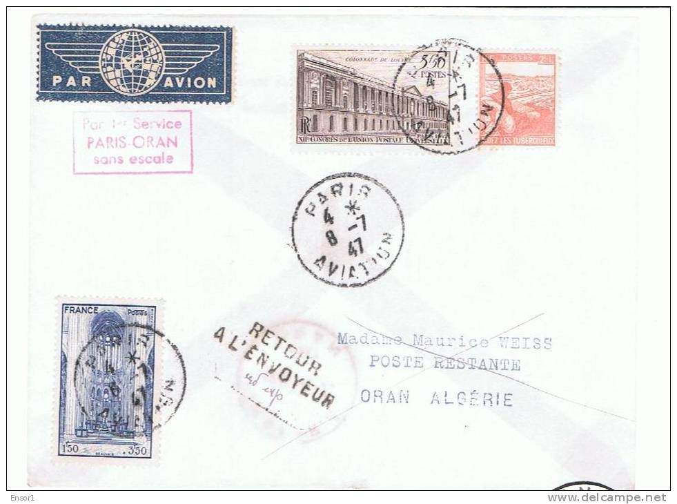 Frankrijk 1947 - Parijs - Oran - First Flight Covers