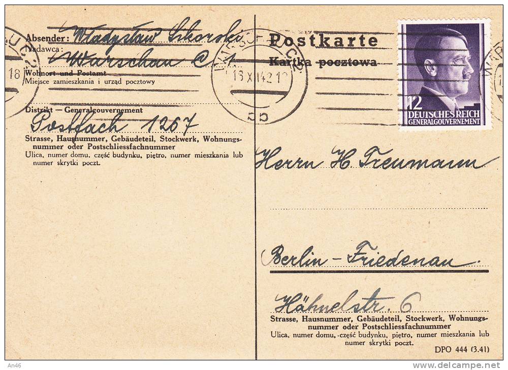 STORIA POSTALE CARTOLINA POSTALE POSTKARTE WARSCHAN C1 13-11-1942 GERMANIA DEUTSCHE POST DEUTSCHES REICH - Sonstige & Ohne Zuordnung