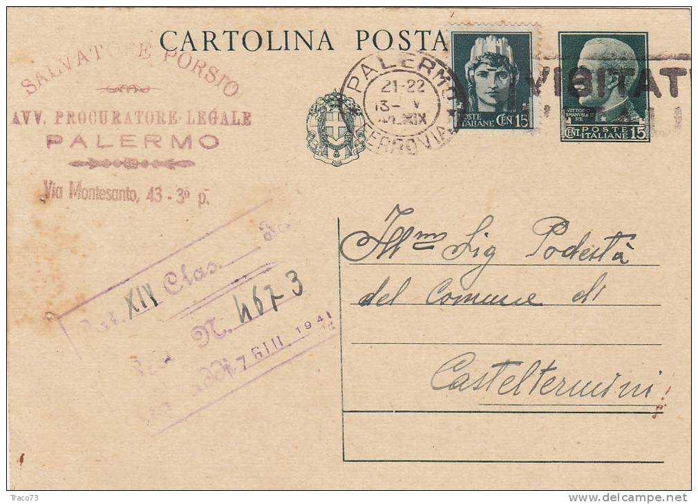 PALERMO / CASTELTERMINI - Card_ Cartolina Pubblicitaria 1941  " Salvatore PORSTO -  Avv.  Proc. Legale   " - Cent. 15+15 - Reclame