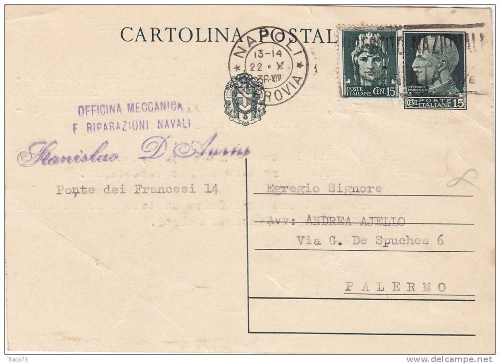 NAPOLI / PALERMO - Card_ Cartolina Pubblicitaria 1936  "Officina Rip.Navali - STANISLAO D'AURIA" - Cent. 15+15 - Publicité