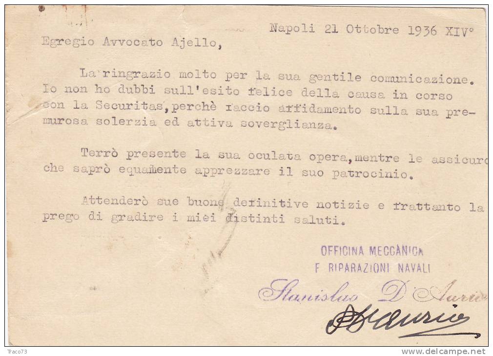 NAPOLI / PALERMO - Card_ Cartolina Pubblicitaria 1936  "Officina Rip.Navali - STANISLAO D'AURIA" - Cent. 15+15 - Publicité