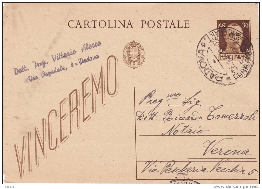 PADOVA / VERONA - Card_ Cartolina Pubblicitaria 16.1.1944  " Ing. Vittorio ALOCCO  " - Cent. 30 - Reclame