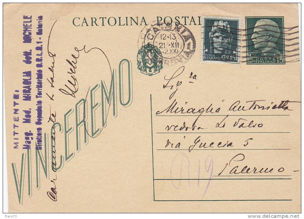 CATANIA / PALERMO  Card_ Cartolina Pubblicitaria 1942  " Maggiore Medico MIRAGLIA Michele  " - Cent. 15+15 - Publicité