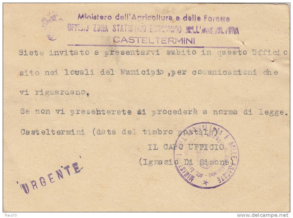 CASTELTERMINI / Città  Card_ Cartolina Pubblicitaria (Targhetta) 1930-40  " Min. Agricol E Foreste " - Cent. 15 - Publicité