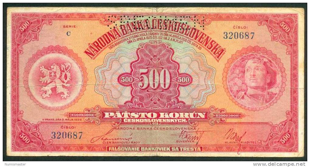 CZECHOSLOVAKIA , 500 KORUNA 2.5.1929 , P-24s ,SPECIMEN , VF - Tchécoslovaquie