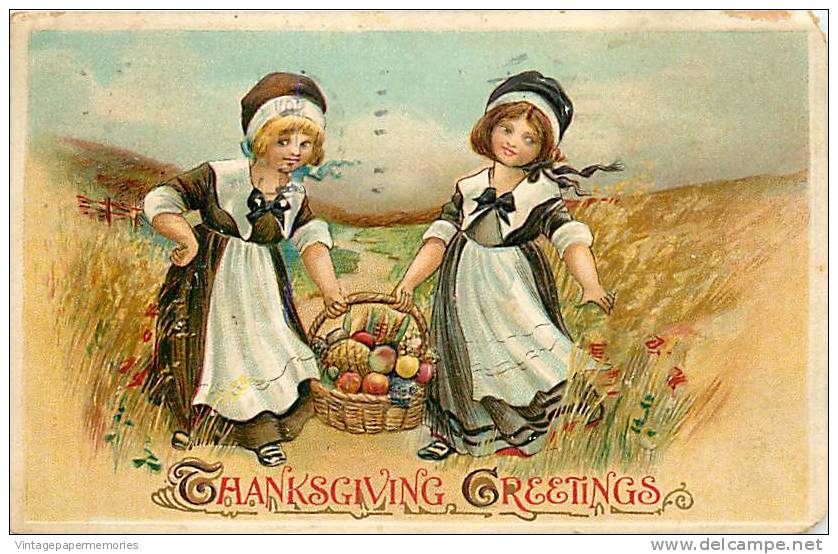 184355-Thanksgiving, Birn Bros No 2702, Pilgram Girls Carrying A Basket Of Fruits & Vegetables, Embossed Litho - Giorno Del Ringraziamento