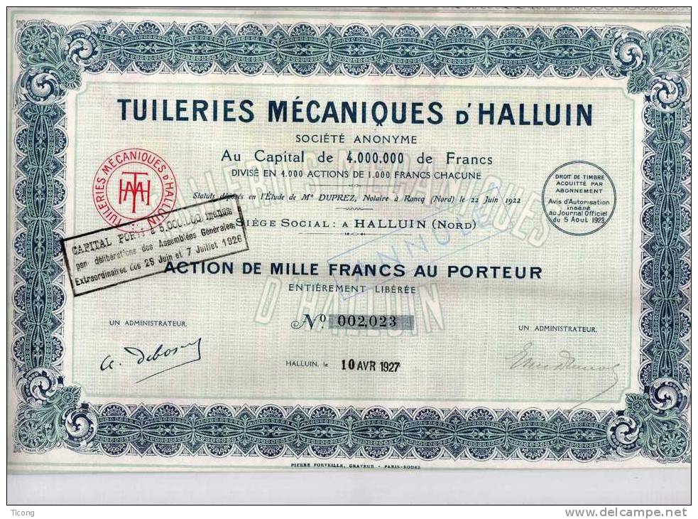 TUILERIES MECANIQUES D HALLUIN 59 NORD 1923  - ACTION DE MILLE FRANCS - RESTE 37 COUPONS - VOIR LE SCANNER - Industrie