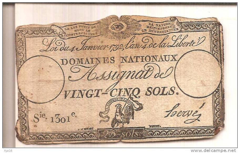 Assignat De VINGT CINQ SOLS L´an 4 De La Liberté Signé Hervés - Assignats & Mandats Territoriaux