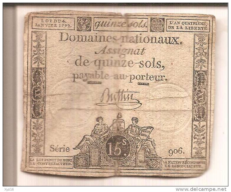 Assignat De QUINZE SOLS L´an 4 De La Liberté Signé  Buttin - Assignats & Mandats Territoriaux