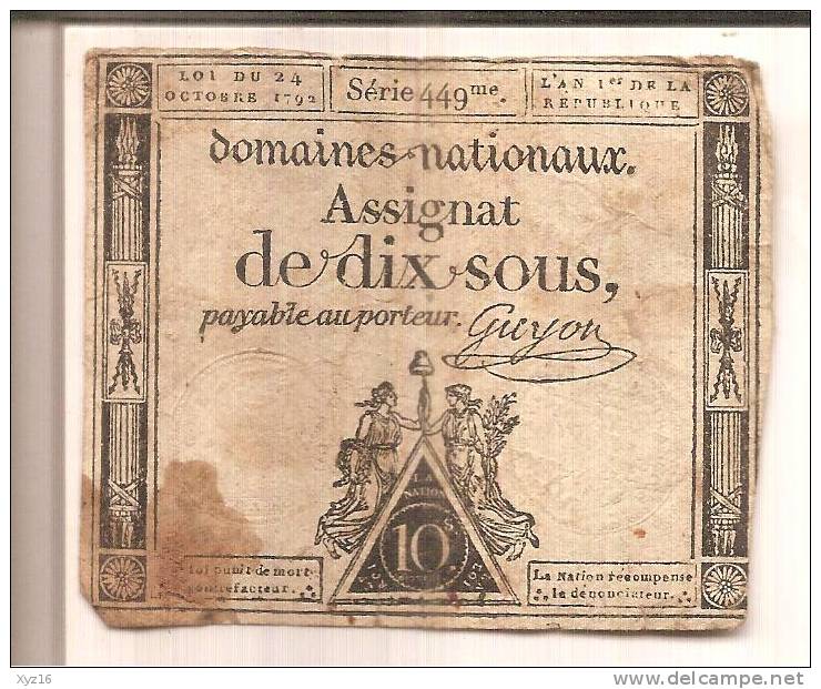 Assignat De DIX SOUS  L´an 1 DE LA REPUBLIQUE Signé  Guyon - Assignats & Mandats Territoriaux