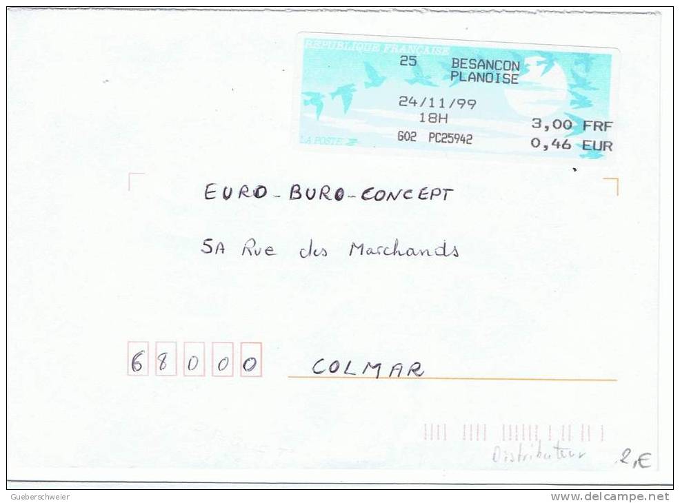 Dist 12 - Lettre Avec Timbre De Distributeur Oiseaux De BESANCON PLANOISE 24/11/99 - 1990 Type « Oiseaux De Jubert »