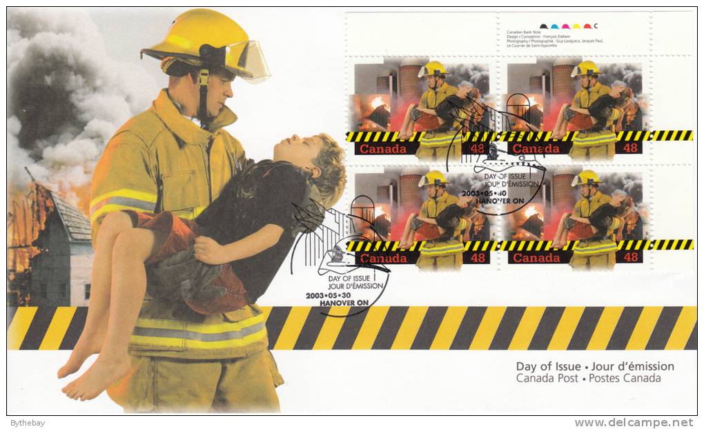 Canada FDC Scott #1986 Upper Right Plate Block 48c Canada's Volunteer Firefighters - 2001-2010