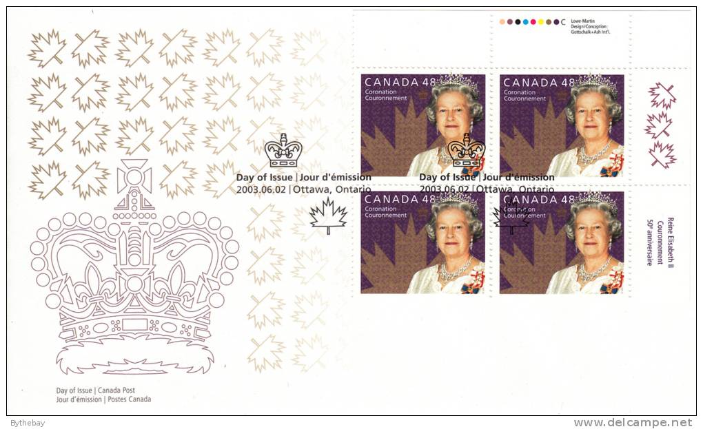 Canada FDC Scott #1987 Upper Right Plate Block 48c Queen Elizabeth II´s 50th Anniversary Of Coronation - 2001-2010