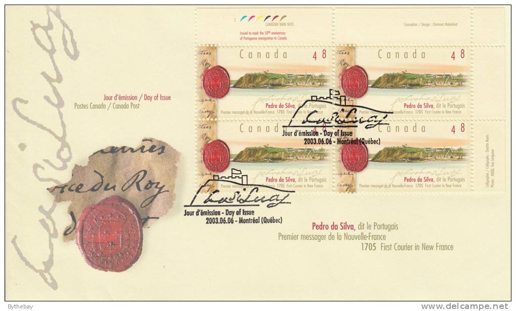Canada FDC Scott #1988 Upper Right Plate Block 48c Pedro Da Silva, 1st Courier In New France - 2001-2010