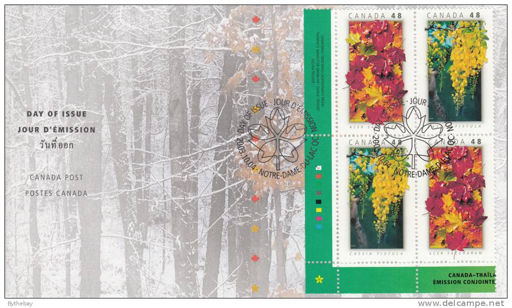 Canada FDC Scott #2001a Lower Left Plate Block 48c Acer Saccharum, Cassia Fistula - Joint Issue With Thailand - 2001-2010