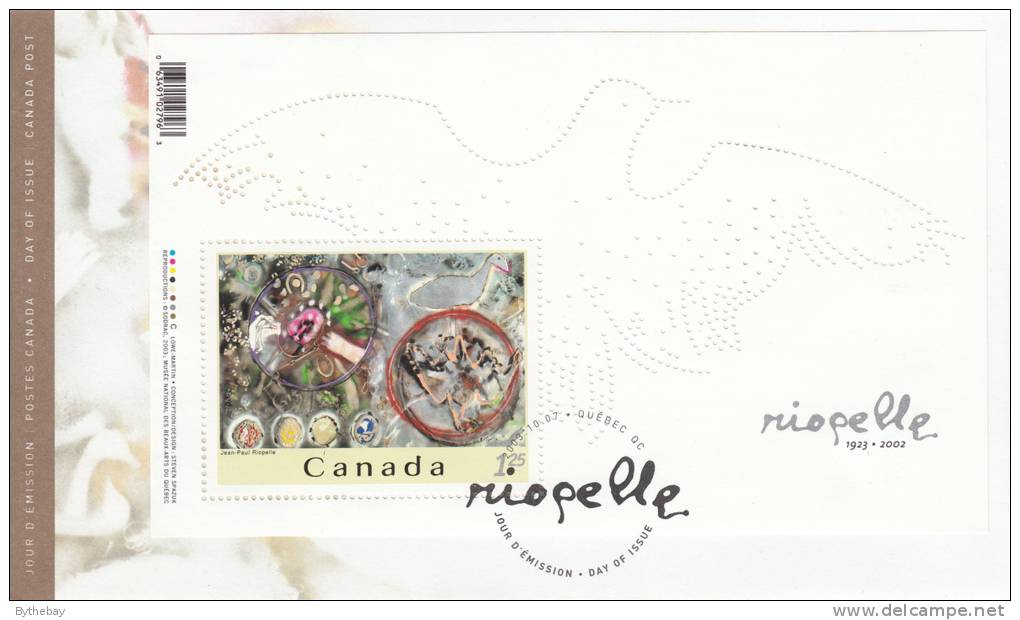 Canada FDC Scott #2003ii $1.25 Jean-Paul Riopelle - Souvenir Sheet With 2 Exrtra Holes In Wings - 2001-2010