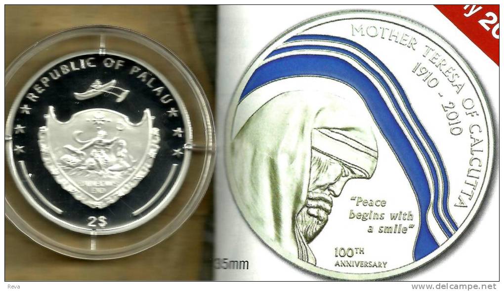 PALAU $2 DOLLARS MOTHER TERESA PEACE COLOURED FRONT EMBLEM BACK 2010 SILVER PROOF READ DESCRIPTION CAREFULLY!! - Palau