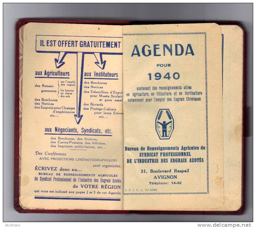 Agenda De 1940: Syndicat Professionnel De L´ Industrie Des Engrais Azotes, Agriculture, Avec Son Calendrier Et Crayon - Tamaño Pequeño : 1921-40