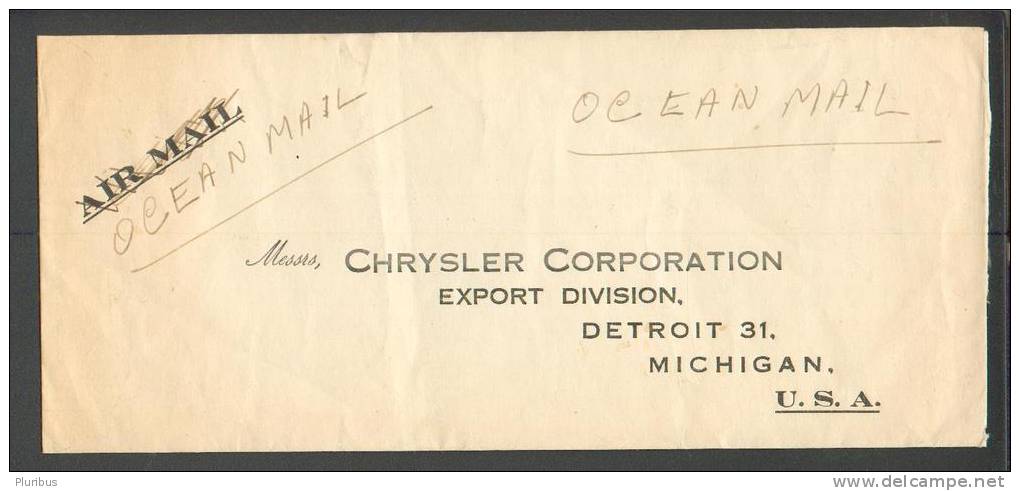 INDIA  BOMBEY  TO  USA  CHRYSLER  CORPORATION  ,   OCEAN  MAIL  COVER  ( SEA MAIL ) ,  AUTOMOBILE  TOPIC - Lettres & Documents