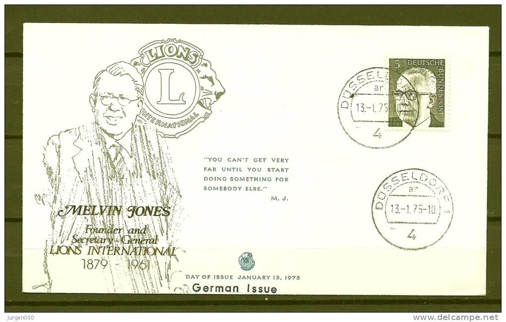 Lions Club, DEUTSCHE BUNDESPOST, FDC, 13/01/1975, Melvin Jones DUSSELDORF (GA2088) - Rotary Club