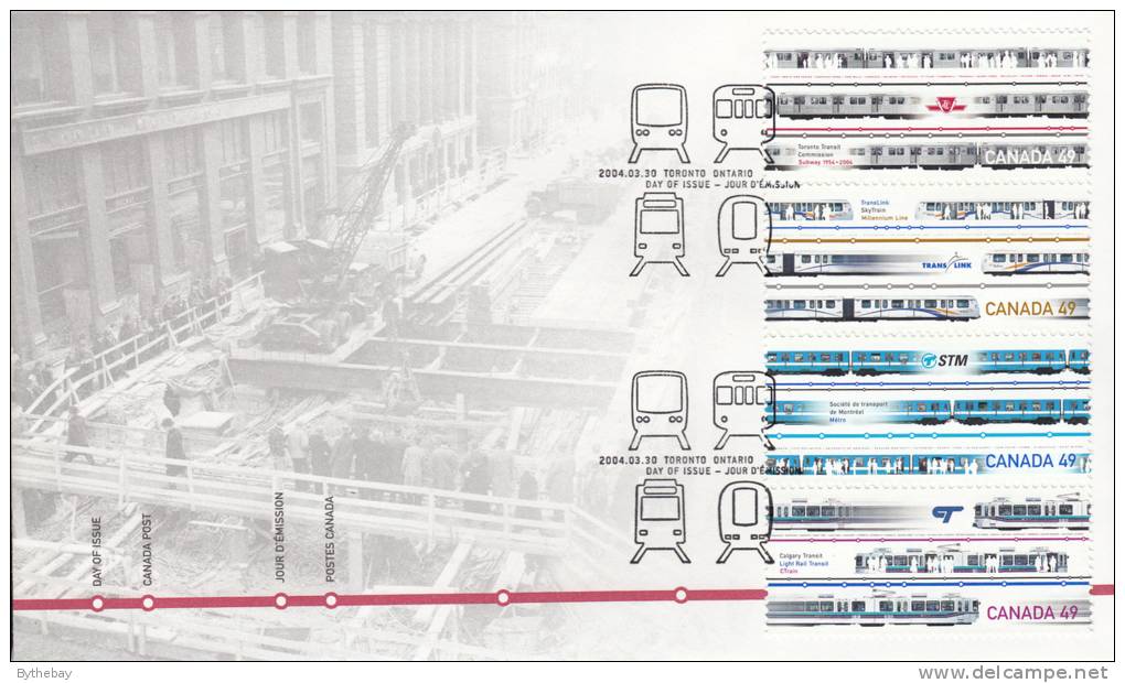 Canada FDC Scott #2031a Vertical Strip Of 4 49c Urban Transit/Light Rail - 2001-2010