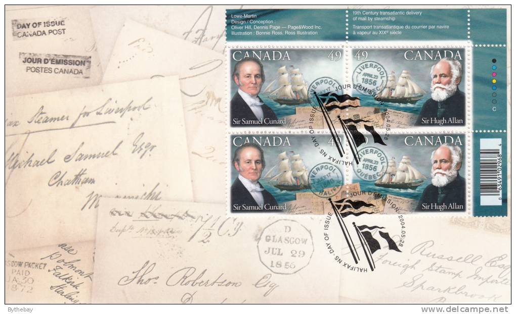 Canada FDC Scott #2042a Upper Right Plate Block UPC 49c Sirs Samuel Cunard, Hugh Allen - Pioneers Of Transatlantic Mail - 2001-2010