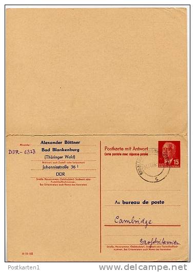 DDR P 65 Antwort-Postkarte  ZUDRUCK Böttner #5  Sost. KAHNFAHREN  Cambridge GB 1966 - Cartoline Private - Usati