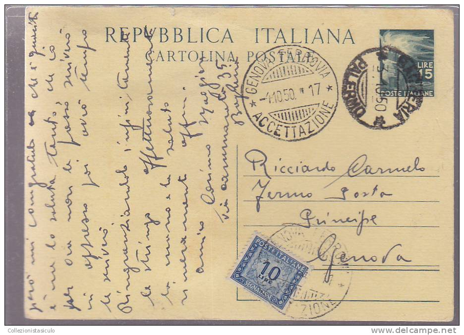 $-355- Bagheria - Intero Postale Democratica Lire 15 Usato Fermo Posta Diritto Pagato In Arrivo - Interi Postali