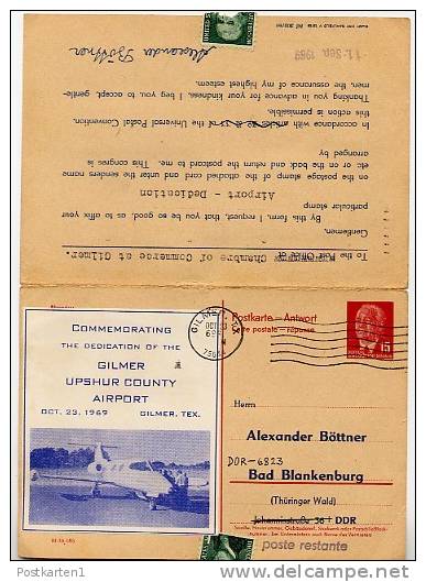 DDR P 65 Antwort-Postkarte ZUDRUCK #5  Sost. FLUGZEUG Gilmer USA  1969 - Cartes Postales Privées - Oblitérées