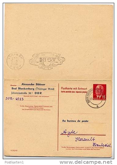 DDR P 65 Antwort-Postkarte ZUDRUCK Böttner #6  Stpl. Agde Frankreich  1967 - Cartes Postales Privées - Oblitérées