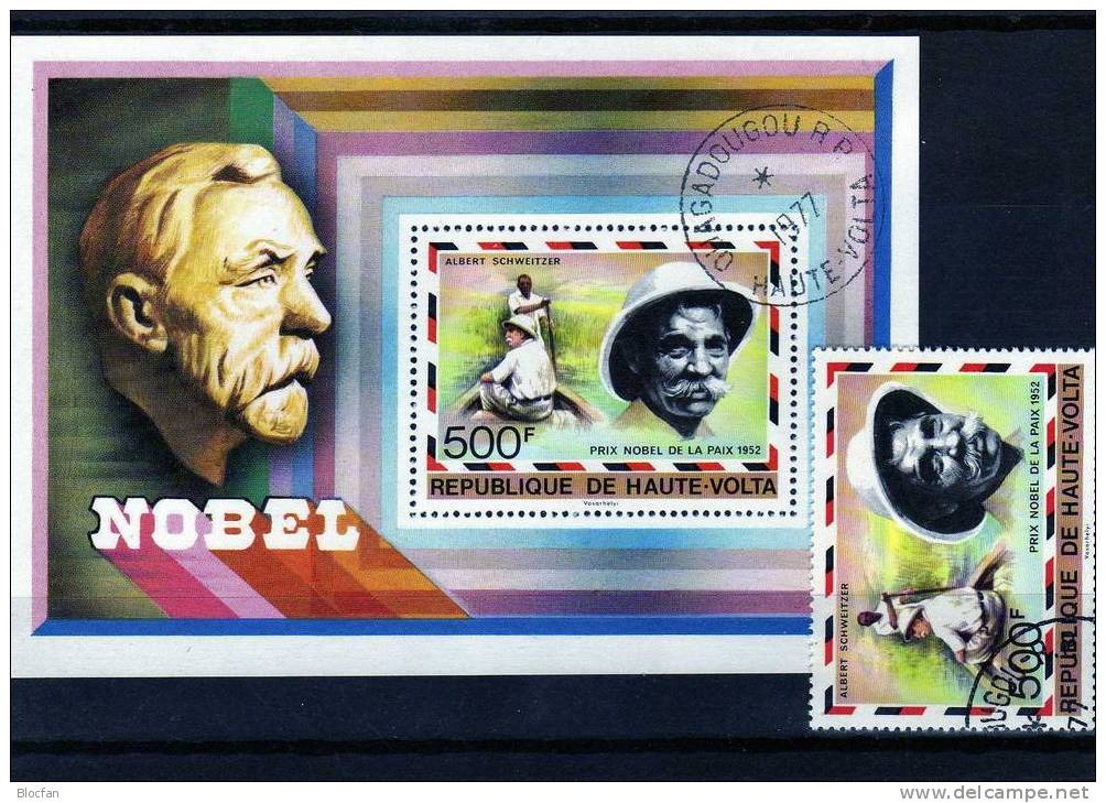 Porträt Nobel Und Albert Schweitzer 1977 Arzt In Lambarene Obervolta 689 Plus Block 47 O 4€ Bf History Sheet Of Africa - Obervolta (1958-1984)